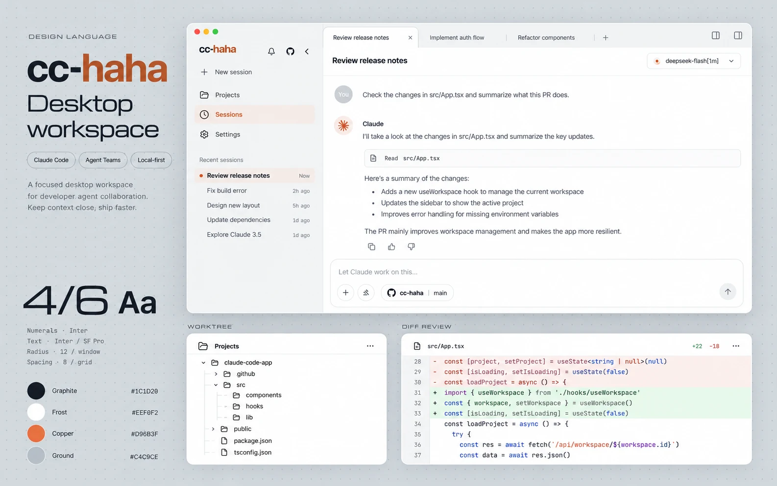AI product showcase of cc-haha: multi-session workspace, project tree and code diff review